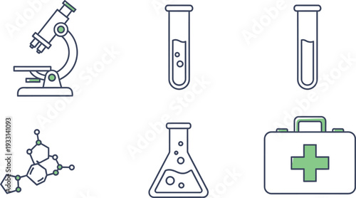 Scientific laboratory equipment and medical kit icons in simple design style