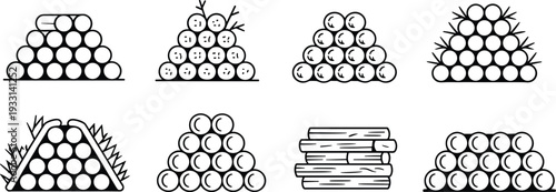 Stacked timber logs and firewood piles line icon collection, wood bundles with branches outline vector illustration set