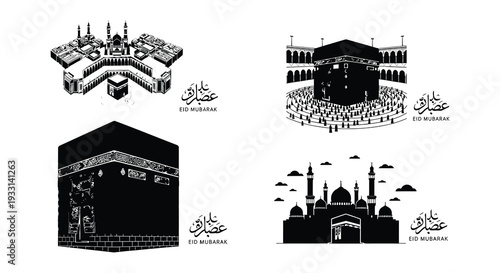 Illustrations of the kaaba and mosque al haram with eid mubarak greetings