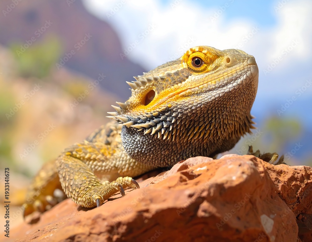 Fototapeta premium A close-up portrait of a yellow and brown reptile with spiky scales and a prominent throat, basking on a red rock in natural sunlight