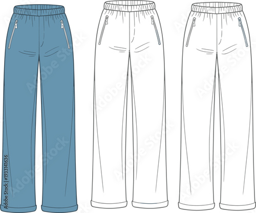 Three pairs of drawstring pants with zipper pockets in blue and white colors blue pants white pants