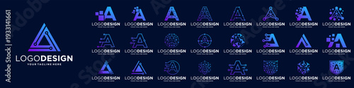 Set of letter A logo design. Symbol of  connect, tech, molecule logo template.