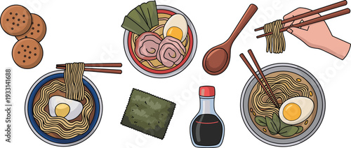 Collection of colorful hand drawn Japanese food illustrations including ramen noodle bowls chopsticks and soy sauce isolated on white background