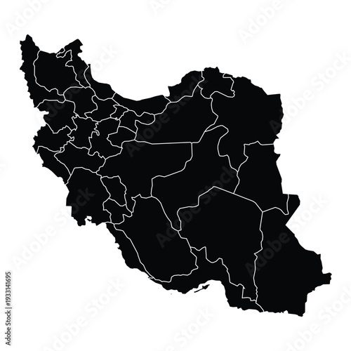 Black silhouette map of Iran showing provincial borders