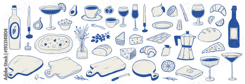 Vintage monochrome elements collection for posters, banners, cards compositions making. Line art wine bottles, cocktails, cheese boards, coffee, pastry items, appetizers, etc. EPS 10