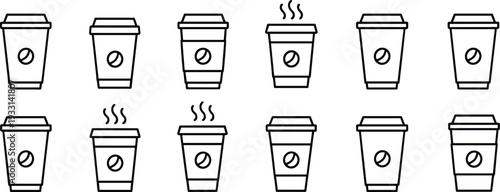 Takeaway coffee cup line icon set, hot drink paper mug outline vector illustration collection for cafe branding