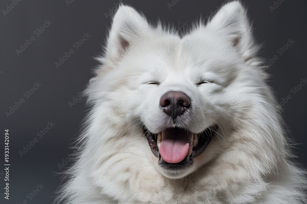 Fototapeta premium Smiling fluffy white samoyed dog portrait on gray background
