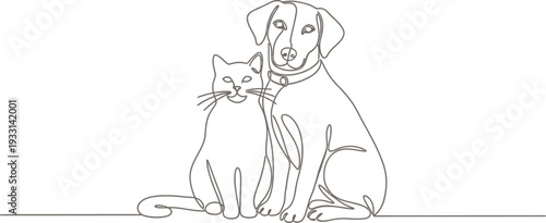 Cat and dog sitting together peacefully in a simple illustration