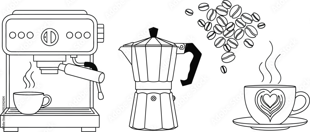Fototapeta premium Coffee machines and coffee cups with steaming hot beverages beautifully illustrated