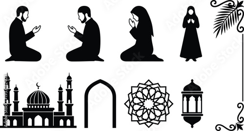 Islamic prayer silhouette set, Muslim men and women praying with mosque, arabesque ornament and Ramadan religious vector collection