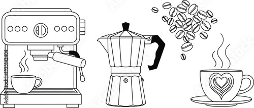 Coffee machines and coffee cups with steaming hot beverages beautifully illustrated