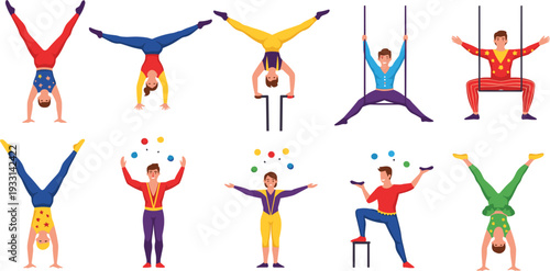 Circus Acrobats and Jugglers Performing Handstands, Trapeze, Balance Acts and Unicycle Stunts Colorful Vector Illustration Collection