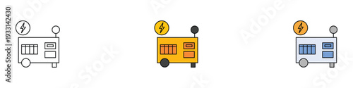 Portable electric generator icon set. Backup power supply, diesel engine energy, and electricity equipment symbol. Vector Illustration.