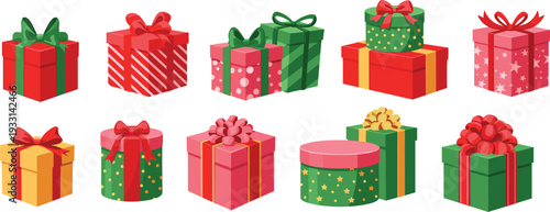 Christmas Gift Box Collection with Red and Green Wrapped Presents, Festive Ribbon Bows and Holiday Packaging Vector Set