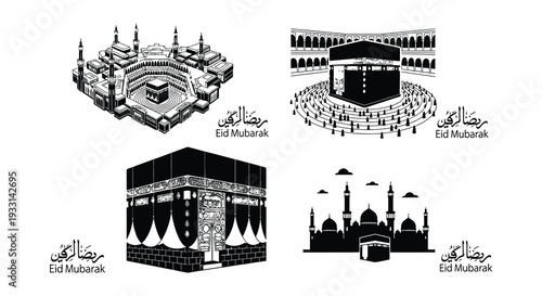 Illustrations of the kaaba and mosque al haram with eid mubarak greetings