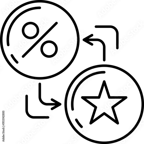 Percentage and star icons with arrows representing financial exchange or loyalty program simple line art for business concepts