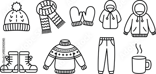 Winter clothing and accessories icon set with hat scarf mittens hoodie boots sweater pants and hot drink vector collection
