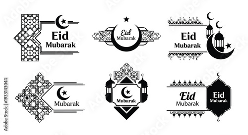 Collection of eid mubarak islamic designs with crescent moons and stars