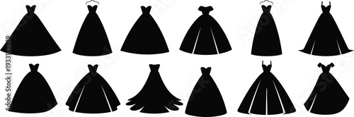 WebDress silhouettes collection, fashion gowns, elegant styles, casual and formal wear, costume design, clothing illustration, vector art, black silhouette, isolated