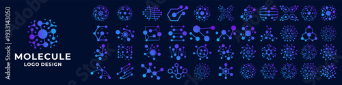 Molecular icon set. Dot connections, particle, structure molecule logo design collections.