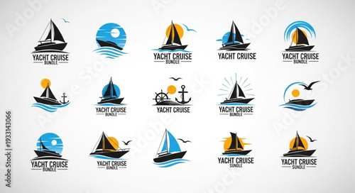 Collection of various yacht and sailboat logos for nautical travel and cruise.