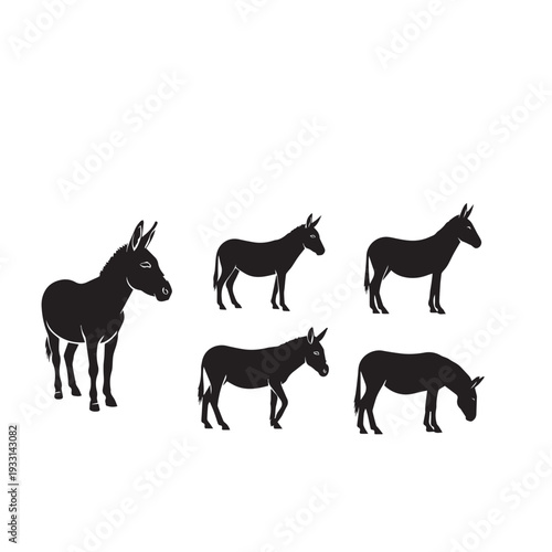 Donkey Silhouette Set Black and White Vector Illustration Donkey Outline Collection Minimal Monochrome Vector Donkey Animal Silhouette Pack Black White Clipart