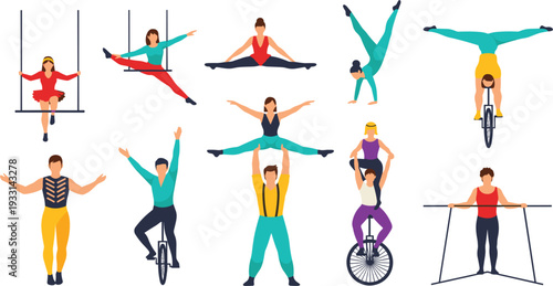 Circus Performers and Acrobats Collection with Unicycle, Handstand, Gymnastics, Aerial Swing and Balance Acts Vector Illustration Set