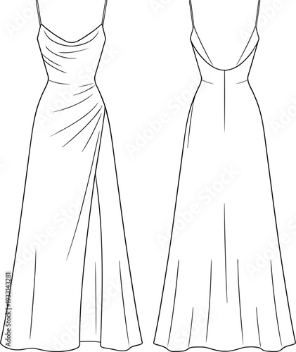 Two Long Dresses with Straps and Different Bodice Drawn in Black and White Line strapless
