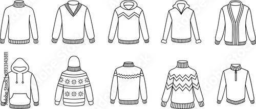 Winter sweater and hoodie icon set with knitted pullover cardigan jumper line art vector illustration collection