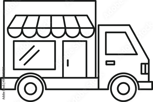  Mobile Food Truck Outline Icon with Street Shop Vehicle Isolated Vector Illustration