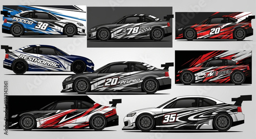 Racing cars with unique designs and vibrant colors on display.