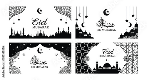 Collection of eid mubarak islamic designs with crescent moons and stars