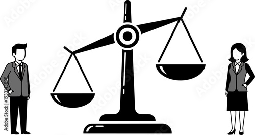 Man and Woman Standing Near Balance Scale.