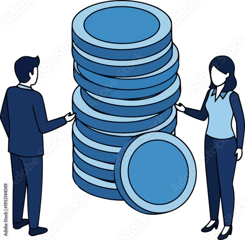 Man and Woman Standing Near Stack of Coins.