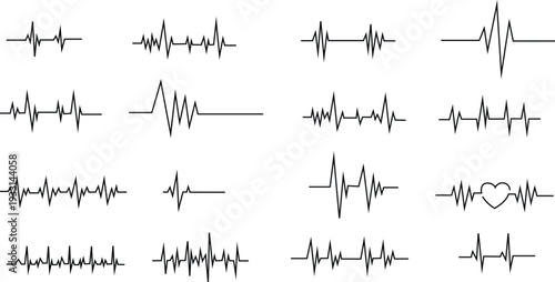 Collection of electrocardiogram heart rate lines on white background