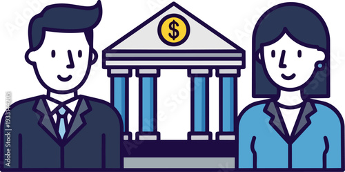 Man and Woman Standing Near Bank Building.