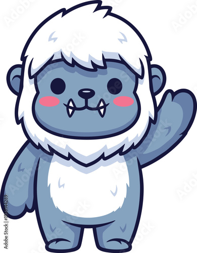 Cute Cartoon Yeti Character Waving, Friendly Blue Abominable Snowman With White Fur, Isolated On White Background, Vector Illustration, Winter Mascot