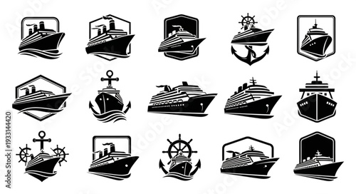 Collection of various cruise ship illustrations in black and white style for design.
