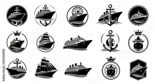 Collection of various cruise ship illustrations in black and white style.