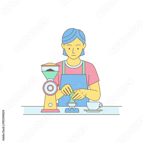 Barista preparing coffee with grinder and cup, close-up, illustration