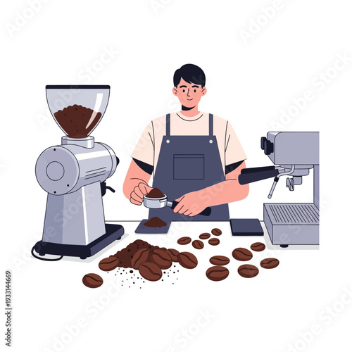 Barista preparing espresso with coffee grinder and machine, coffee beans, professional coffee making