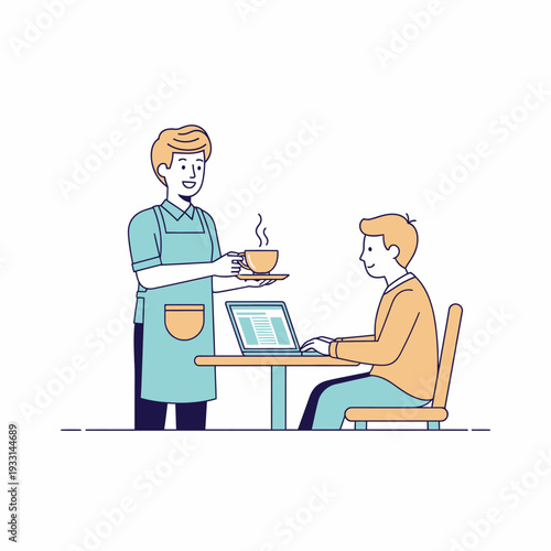 Barista serving coffee to customer working on laptop at cafe table, freelance lifestyle