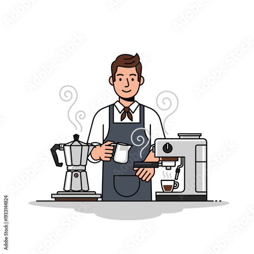 Barista making coffee with espresso machine and moka pot, steaming milk, professional coffee preparation