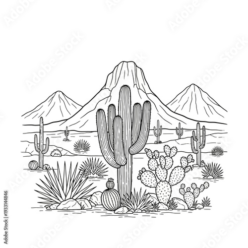 Desert landscape with cacti and mountains in the background