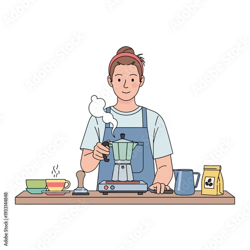 Barista making coffee with moka pot on stove, steam rising, cups and tamper nearby