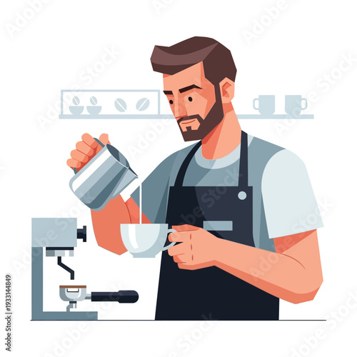 Barista making coffee, pouring milk into espresso cup, coffee shop interior, professional coffee preparation