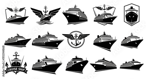 Collection of cruise ship logos in black and white, perfect for travel and tourism branding.