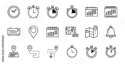 A set of line art icons depicting various time and navigation symbols