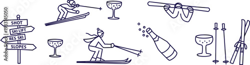 Hand drawn outline winter sports and apres ski doodle illustration set with skiers champagne and ski resort signs isolated on white background