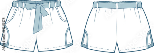 White shorts with blue accents and a tied ribbon on the left side next to a plain white short